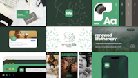a collection of green and white images with a green background
